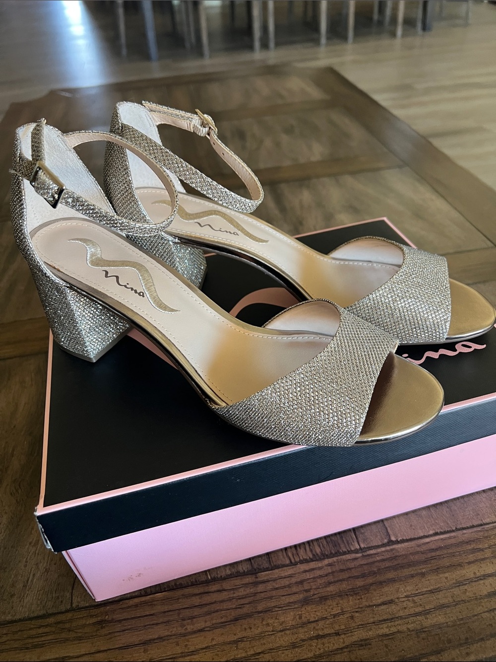 Nina Glittery Champagne Open-Toe Ankle-Strap Block Heels